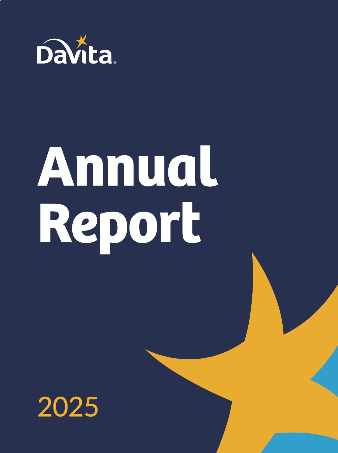 DaVita Annual Report  2025 Cover Image with a blue background and a yellow star